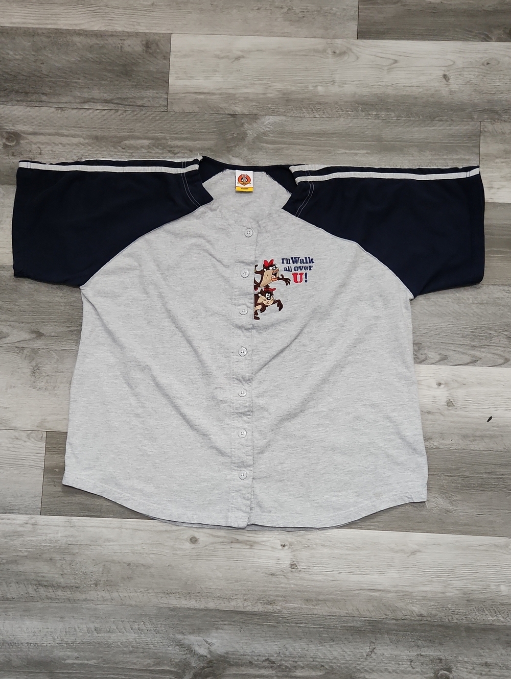 Looney Tunes Taz She-Devil Button Down Baseball Jersey Blue Gray Womans XL